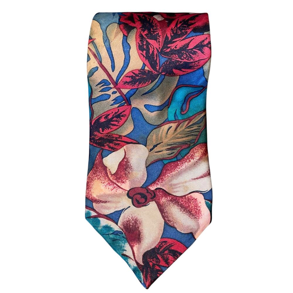 Oscar de la Renta VTG Neck Tie Tropical Floral Silk Vintage Made In USA